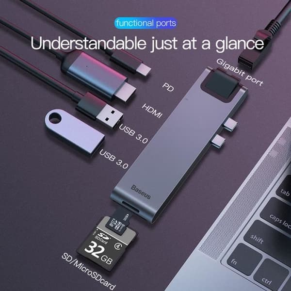Baseus USB C HUB till USB Multi USB 3.0 HDMI för MacBook Pro 7 Port USB Splitter Thunderbolt 3 HUB RJ45 Dual USB Type C HUB