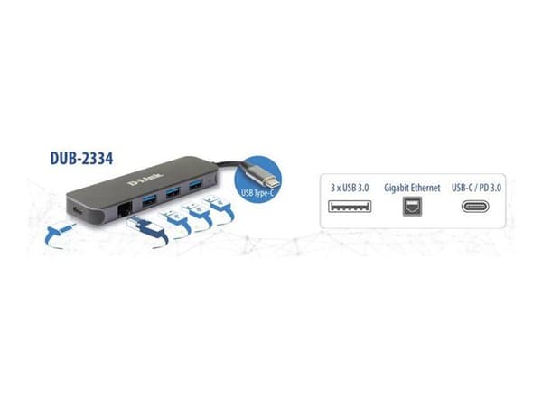 USB-C 5-i-1-hubb - D-Link - DUB-2334 - 3 portar USB 3.2 - Gigabit Ethernet - Självförsörjande