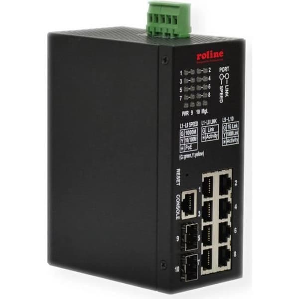 Roline 10 Port Industrial Gigabit Switch (8 x RJ45 + 2 x SFP), PoE+, Smart Managed - 7630049614710