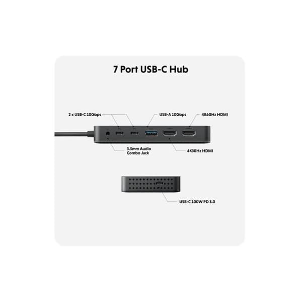 USB-C-adapter - Hyper - HD70002GL - 7 portar - Dubbel HDMI 4K - Snabbladdning 100W
