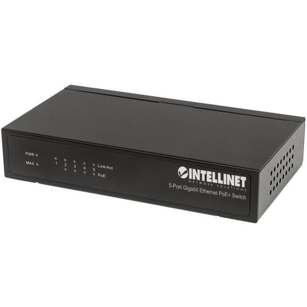 Nätverksswitch RJ45 Intellinet 5-portars Gigabit PoE+-switch 4 x PSE PoE-portar IEEE 802.3at/af 60 W Desktop 561228 10 / 100 Svart