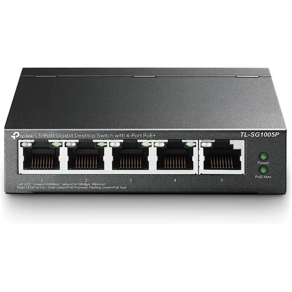 5-portars Gigabit PoE-switch - TP-Link TL-SG1005P - 4 PoE+ 65W-portar - Metallhölje - Enkel installation Svart