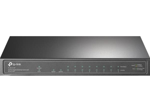 TP-Link TL-SG1210P - Switch - ohanterad - 8 x 10/100/1000 (PoE+) + 1 x 10/100/1000 (upplänk) + 1 x gigabit SFP (upplänk) - skrivbordsmodell - PoE+ (6