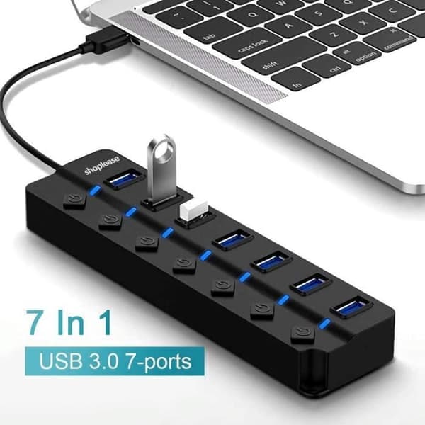 USB 3.0 Hub - Ej specificerat - 7 portar - Strömbrytare - Individuella lampor - Bärbar