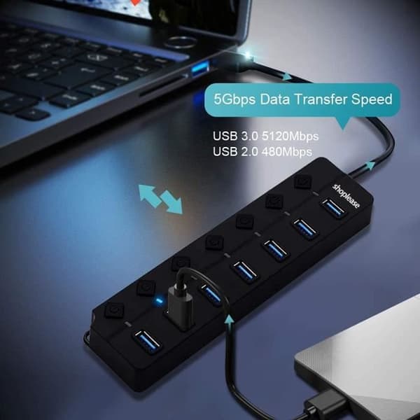 USB 3.0 Hub - Ej specificerat - 7 portar - Strömbrytare - Individuella lampor - Bärbar