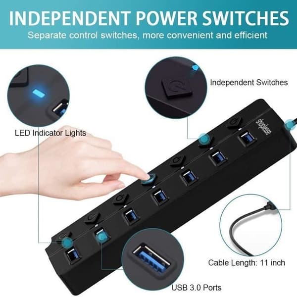 USB 3.0 Hub - Ej specificerat - 7 portar - Strömbrytare - Individuella lampor - Bärbar