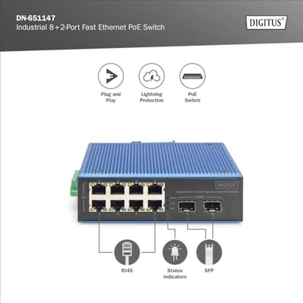 DIGITUS Industrial Network Switch 10 portar Fast Ethernet PoE - 8X RJ45 + 2X Gigabit SFP Uplink - 30W PoE Budget