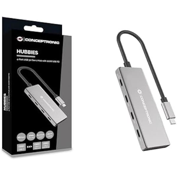 USB-hubb - CONCEPTRONIC - HUBBIES16G - 4 USB-C 3.2 Gen 2-portar - 100 W USB PD - Aluminiumhölje