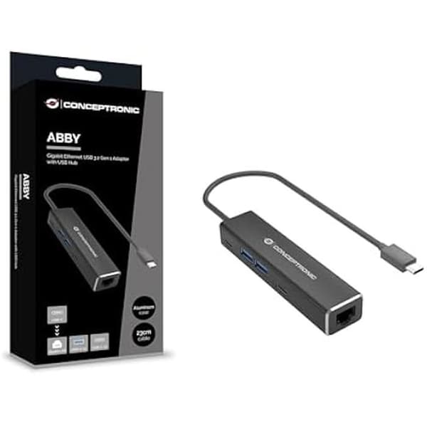 CONCEPTRONIC ABBY13B USB 3.2 Gen 1 Gigabit Ethernet-adapter med USB-hubb, GbE, USB-A x 2, USB-C x 2