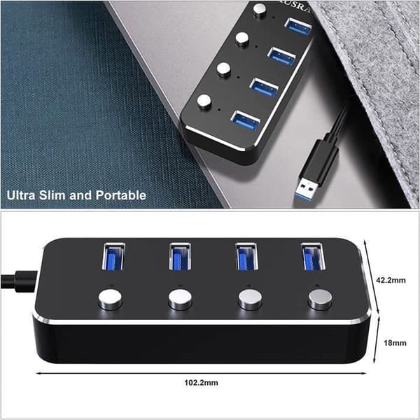 Powered USB 3.0 Hub, 4 Port Data Hub med individuella strömbrytare och indikatorer, USB 3.0 med 1,2 m kabel