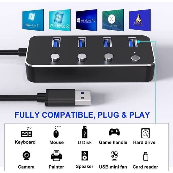 Powered USB 3.0 Hub, 4 Port Data Hub med individuella strömbrytare och indikatorer, USB 3.0 med 1,2 m kabel