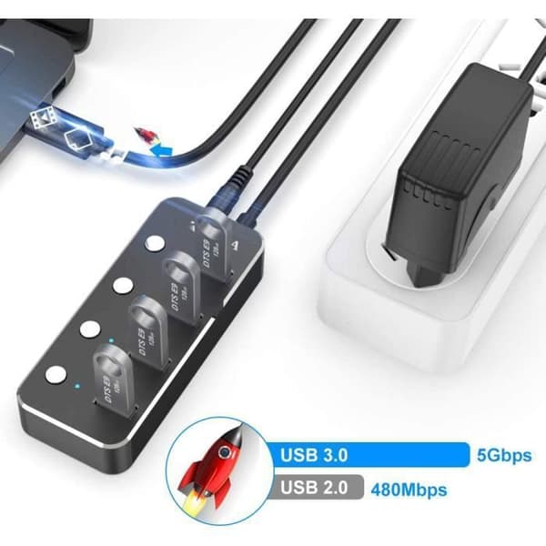 Powered USB 3.0 Hub, 4 Port Data Hub med individuella strömbrytare och indikatorer, USB 3.0 med 1,2 m kabel