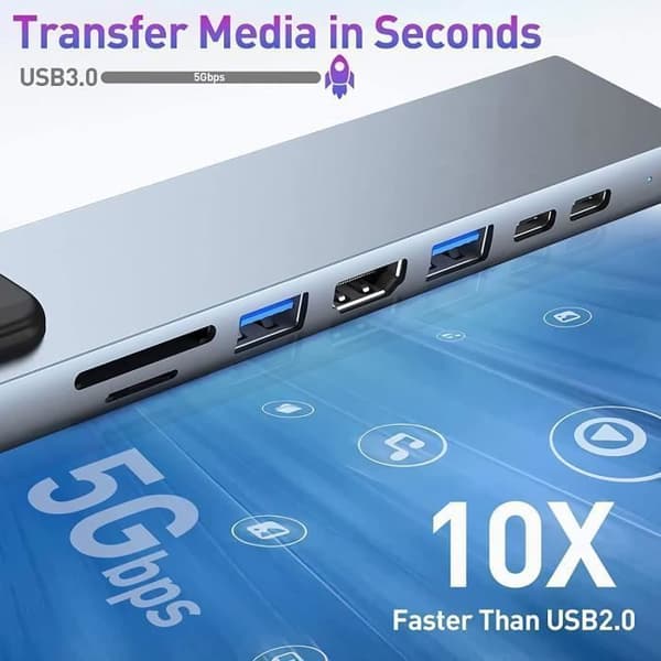 USB C HUB, 8 i 1 USB C-adapter med 4k/30hz HDMI, 100 W PD, USB C 2.0-port, USB 3.0+2.0, SD/TF/SD-kortläsare, Grå