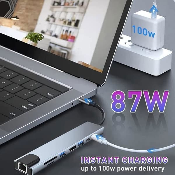 USB C HUB, 8 i 1 USB C-adapter med 4k/30hz HDMI, 100 W PD, USB C 2.0-port, USB 3.0+2.0, SD/TF/SD-kortläsare, Grå
