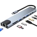 Miniatyrbild 1 av 4: USB C HUB, 8 i 1 USB C-adapter med 4k/30hz HDMI, 100 W PD, USB C 2.0-port, USB 3.0+2.0, SD/TF/SD-kortläsare, Grå
