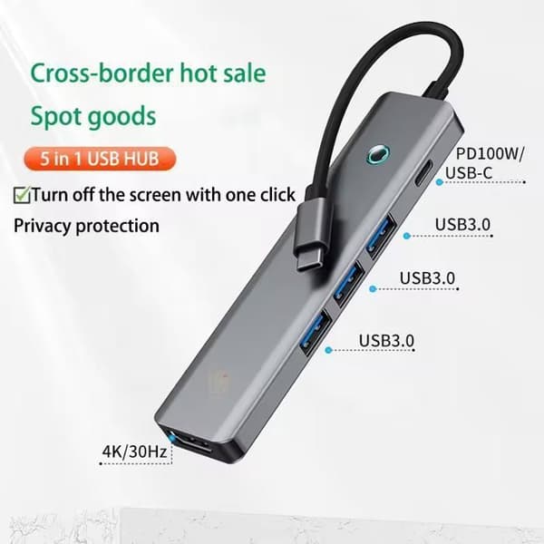 USB C Hub, 5 i 1 USB C-adapter med 4K HDMI + PD100W + 3 USB C 3.0, Multiport USB 3.0 5 Gbps USB C Hub Adapter, Grå