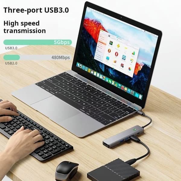 USB C Hub, 5 i 1 USB C-adapter med 4K HDMI + PD100W + 3 USB C 3.0, Multiport USB 3.0 5 Gbps USB C Hub Adapter, Grå