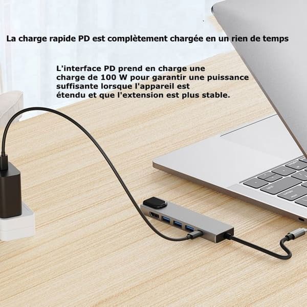 USB C Hub, 6 i 1 kabel USB C Hub med Ethernet, USB-C Multiport Adapter med 4K HDMI, Ethernet-ingång, 2 USB-portar, USB C-laddning