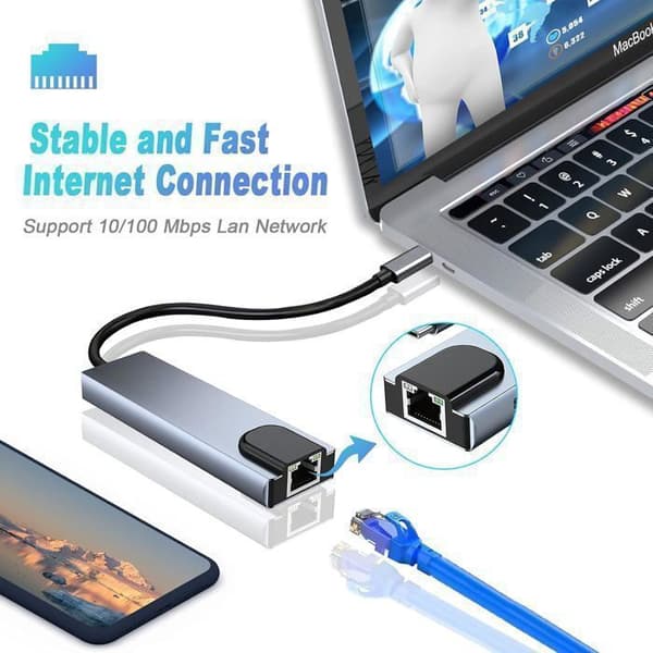 USB C Hub, 6 i 1 kabel USB C Hub med Ethernet, USB-C Multiport Adapter med 4K HDMI, Ethernet-ingång, 2 USB-portar, USB C-laddning