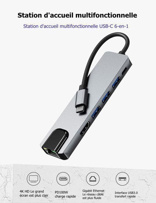USB C Hub, 6 i 1 kabel USB C Hub med Ethernet, USB-C Multiport Adapter med 4K HDMI, Ethernet-ingång, 2 USB-portar, USB C-laddning