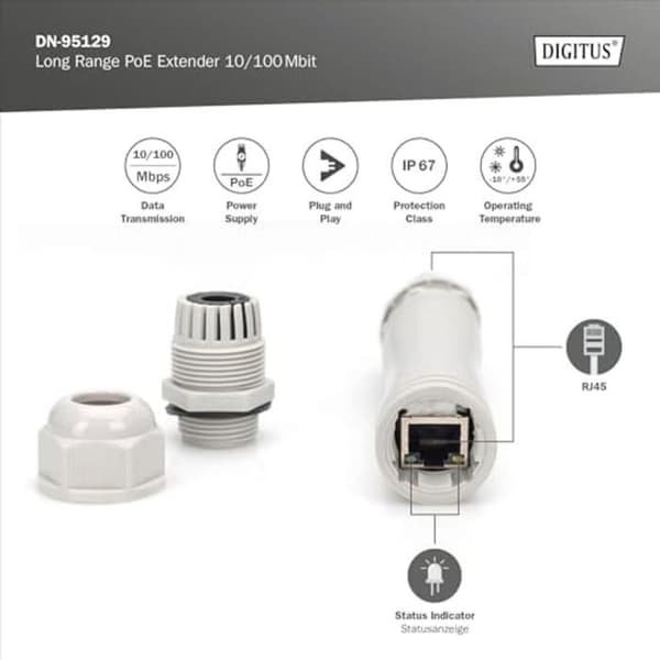 DIGITUS PoE Extender - 10/100 Mbps - 100 m räckvidd - IP67 skyddsklass - Power Over Ethernet-standarder