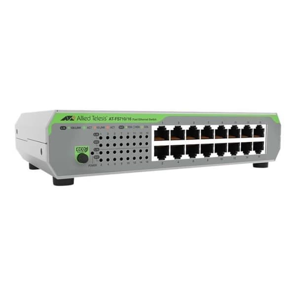 ALLIED Telesis CentreCOM AT-FS710/16 Switch - Unmanaged - 16 x 10/100 - Desktop - Rackmonterbar Grön, Grå
