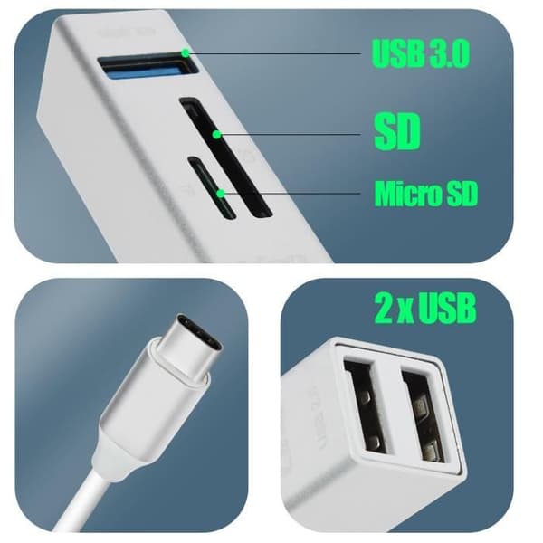 5 i 1 USB-C Hub: 3 USB-portar och LinQ MicroSD SD-kortläsare Silver