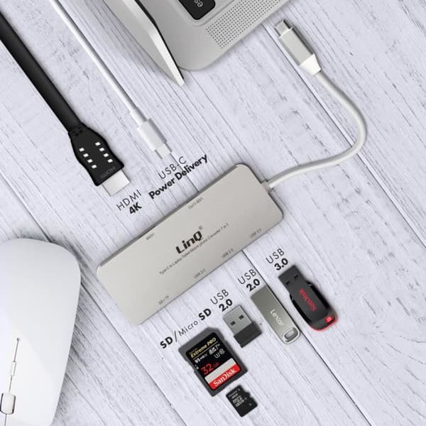 7-i-1 USB-C Hub 3x USB 1x USB-C PD 1x HDMI och LinQ SD-Micro-SD-ingång