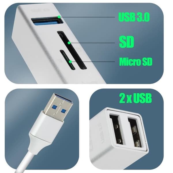 5 i 1 USB-hubb: 3 USB-portar och LinQ MicroSD SD-kortläsare Silver