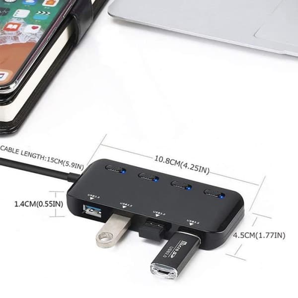 4-portars USB 3.0-hubb med individuella strömbrytare och lysdioder - med 3 usb till typ c-omvandlingshuvud
