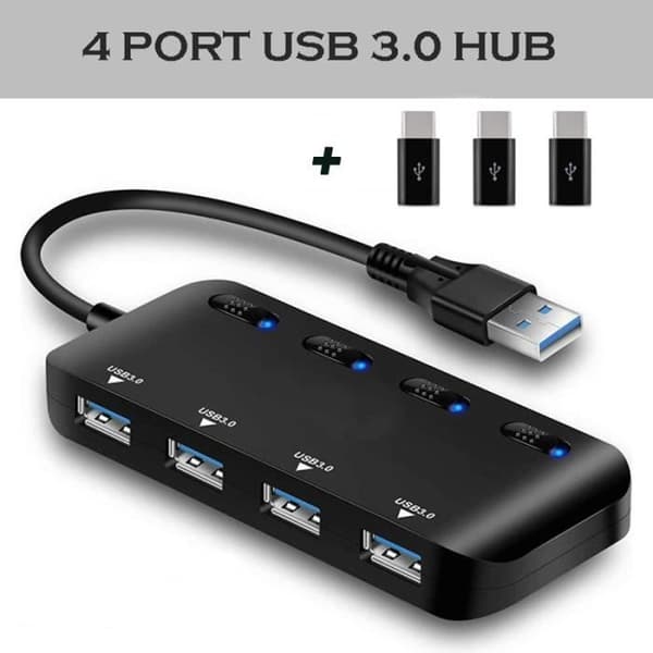 4-portars USB 3.0-hubb med individuella strömbrytare och lysdioder - med 3 usb till typ c-omvandlingshuvud