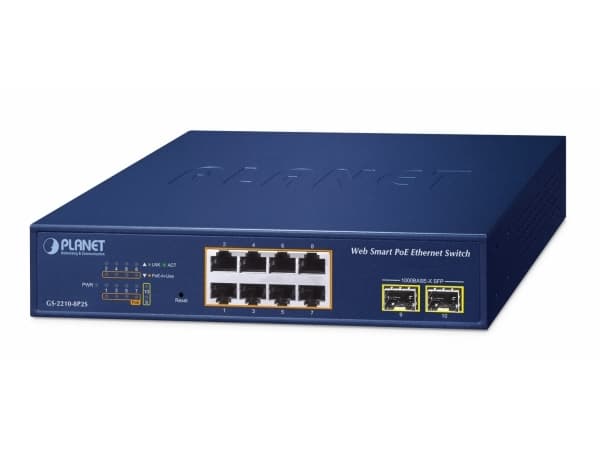 PLANET 8-Port 10/100/1000T 802.3at, Håndtert, L2, Gigabit Ethernet (10/100/1000), Full tosidig Blå