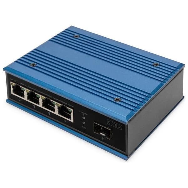 DIGITUS 5-ports industriell PoE Fast Ethernet-switch - Ohanterad - 4 RJ45-portar + 1 SFP-port - 10-100 Mbps - Montering på Svart, Blå