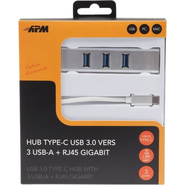 APM HUB USB 3.0 Typ-C Till 3 USB-A+RJ45 GIGABIT - Hane/hona - Metallgrå