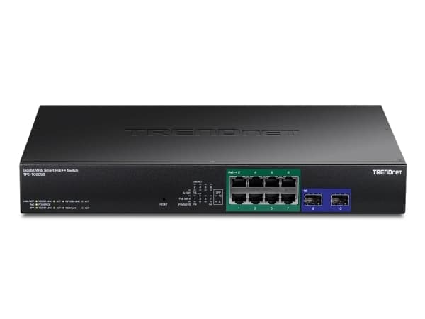 TRENDnet TPE-1020SB - Version v1.0R - switch - smart - 8 x Gigabit Ethernet + 2 x Gigabit SFP - rackmonterbar - PoE++ (180 W) - TAA-kompatibel