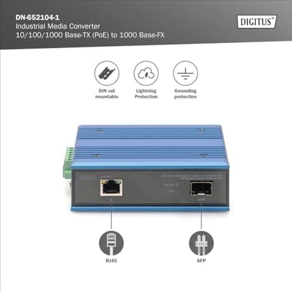 DIGITUS Industrial Gigabit PoE Media Converter - 1 RJ45-port, 1 SFP-port - 10/100/1000 Mbps - 30W PoE Power Budget