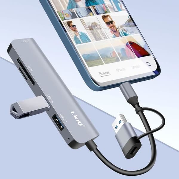 USB C och USB Hub med USB 3.0 + 2x USB 2.0 SD och TF kortläsare LinQ Black