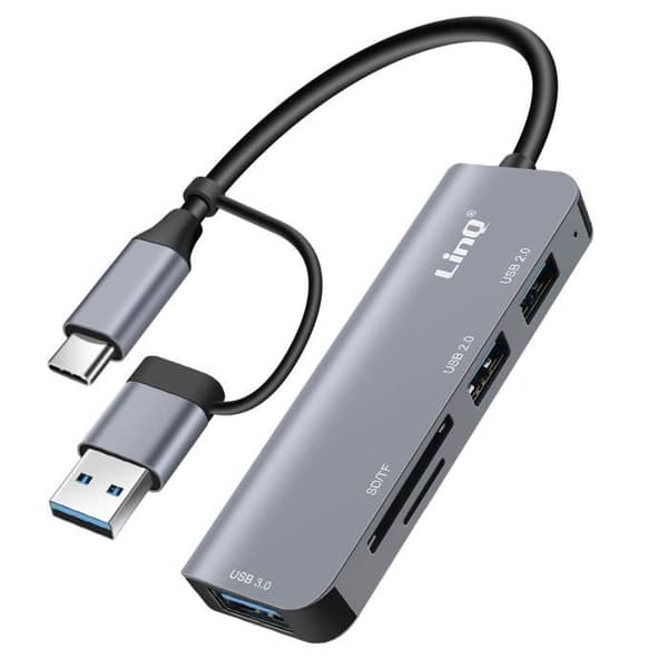 USB C och USB Hub med USB 3.0 + 2x USB 2.0 SD och TF kortläsare LinQ Black