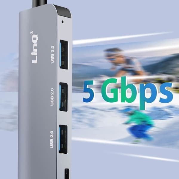 USB Hub OTG-stöd 5 Gbps SD / TF-kortläsare och 3,5 mm Audio Jack LinQ Grey