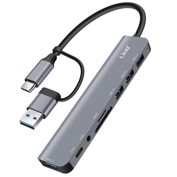 USB Hub OTG-stöd 5 Gbps SD / TF-kortläsare och 3,5 mm Audio Jack LinQ Grey