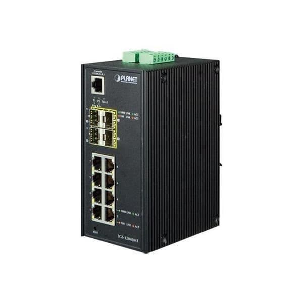 PLANET IGS-12040MT Managed Switch 8 x 10-100-1000 + 4 x Gigabit SFP DIN-skenamontering, väggfäste 24V AC - 12 72V... Blå, Vit