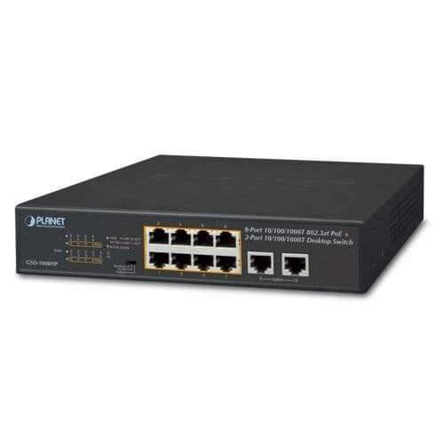 Planet GSD-1008HP, Unmanaged, Gigabit Ethernet (10-100-1000), Full duplex, Ethernet-anslutning