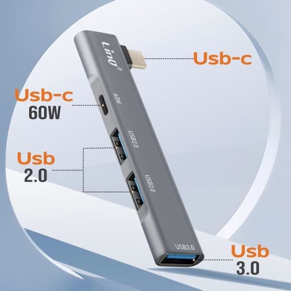 4 i 1 USB C-hubb med 60W USB C-laddning och 3 USB 3.0- och 2.0-portar LinQ Silver