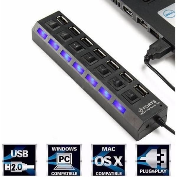 7 portar USB 2.0 multiladdareadapter + höghastighetsadapter på/av-brytare Laptop/PC