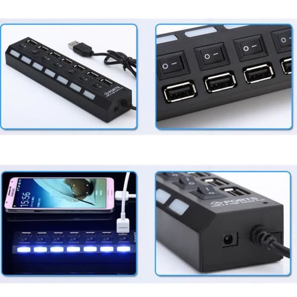 7-portars USB 3.0 Hub Höghastighets PÅ/AV delningsbrytare för PC Laptop/med PÅ/AV, Svart