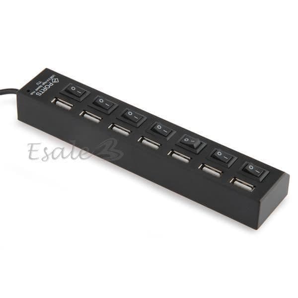USB HUB - Svart - 7 portar - PÅ/AV-brytare - LED-lampor - Hög hastighet