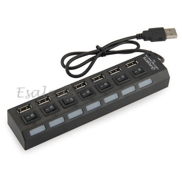 USB HUB - Svart - 7 portar - PÅ/AV-brytare - LED-lampor - Hög hastighet