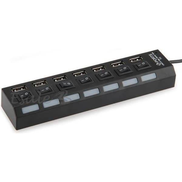 USB HUB - Svart - 7 portar - PÅ/AV-brytare - LED-lampor - Hög hastighet