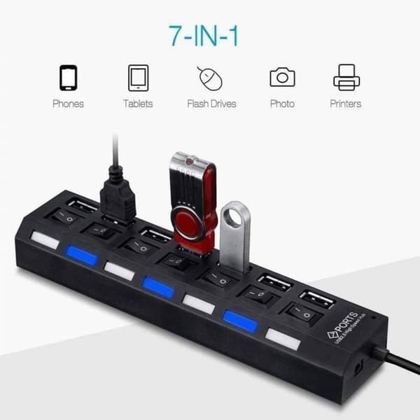1 Hub 2.0 Multi-USB Splitter 7 Portar Flera Expander Hab Använd Switch Power Adapter USB 3.0 för P[O2185]