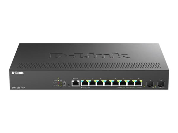 D-Link DMS 1250-10SP - Switch - L2+ - smart - 8 x 10/100/1000/2.5G (PoE+) + 2 x 10 Gigabit SFP+ - stasjonær - PoE+ (240 W) Sort